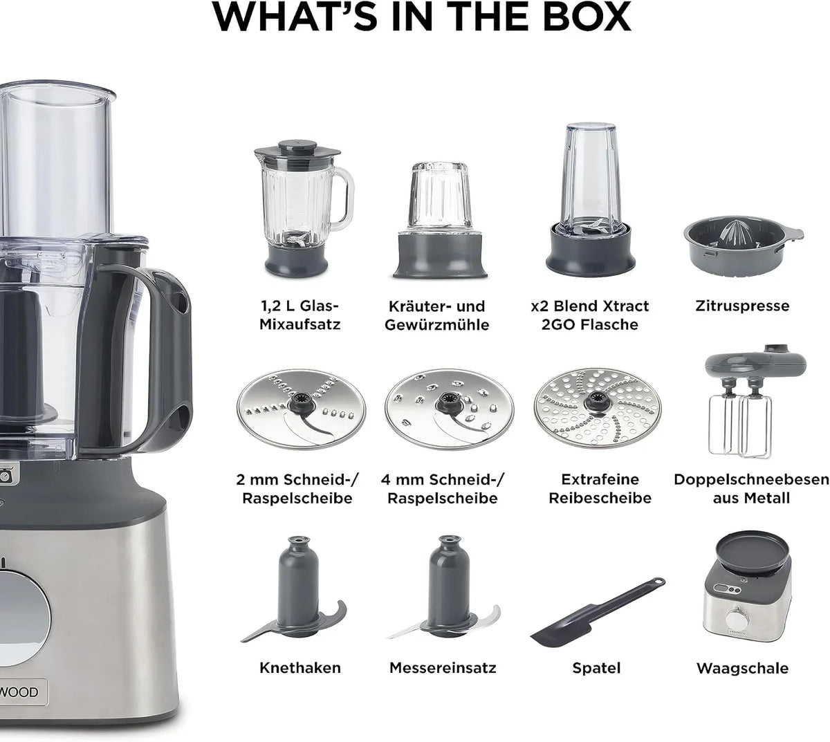 Multifunctional compact food processor, with built-in scale, equipped with 11 accessories, designed small yet powerful.