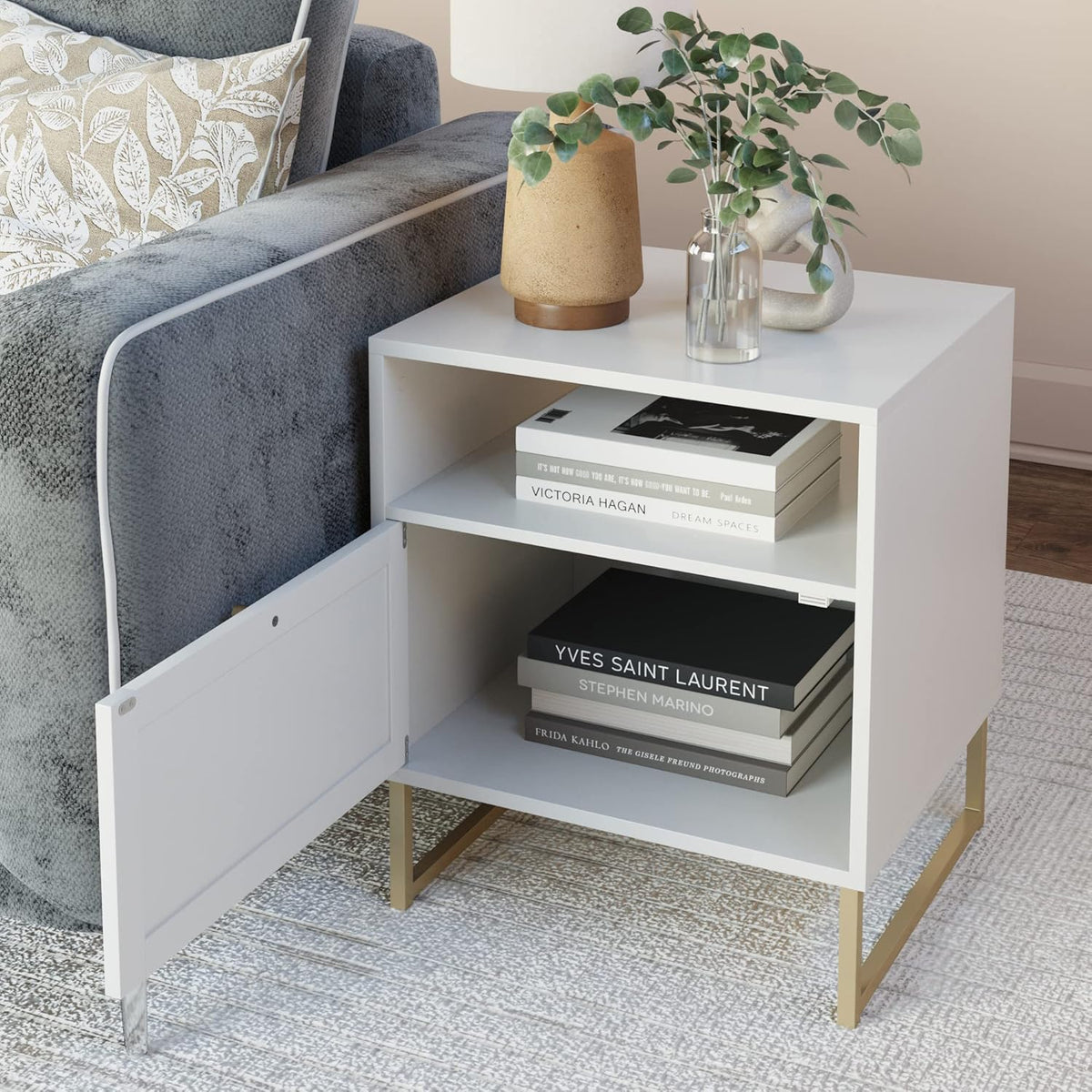 Storage-function side table and bedside cabinet set (2-piece), black oak / black