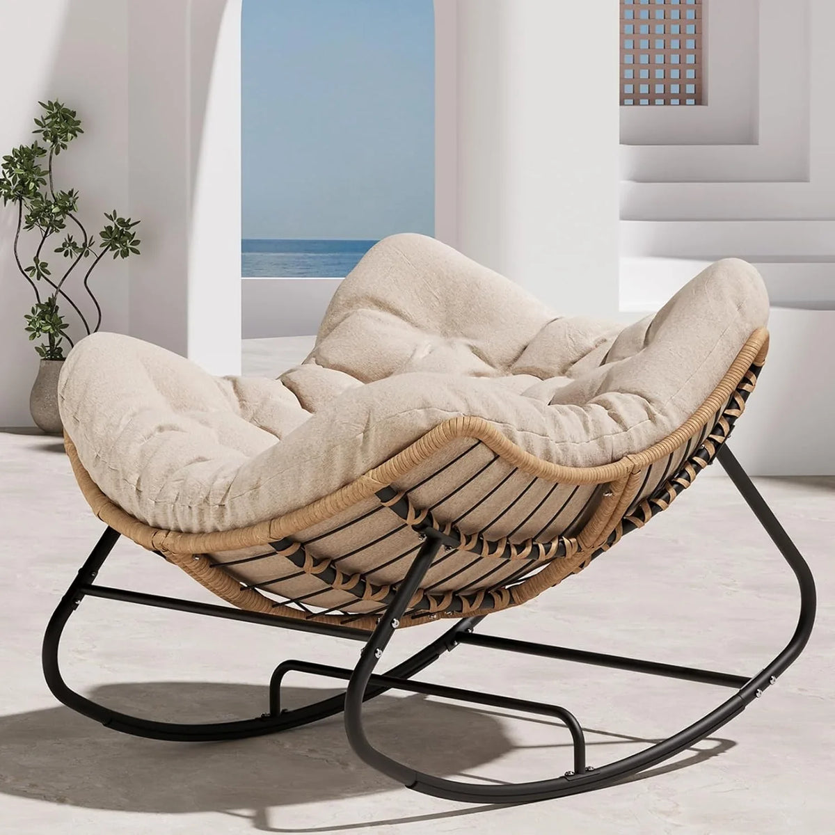 Outdoor swaying egg chair, indoor Papasan chair, rattan rocking chair, modern royal-style bedroom, living room, porch, garden, lawn chair - blue version