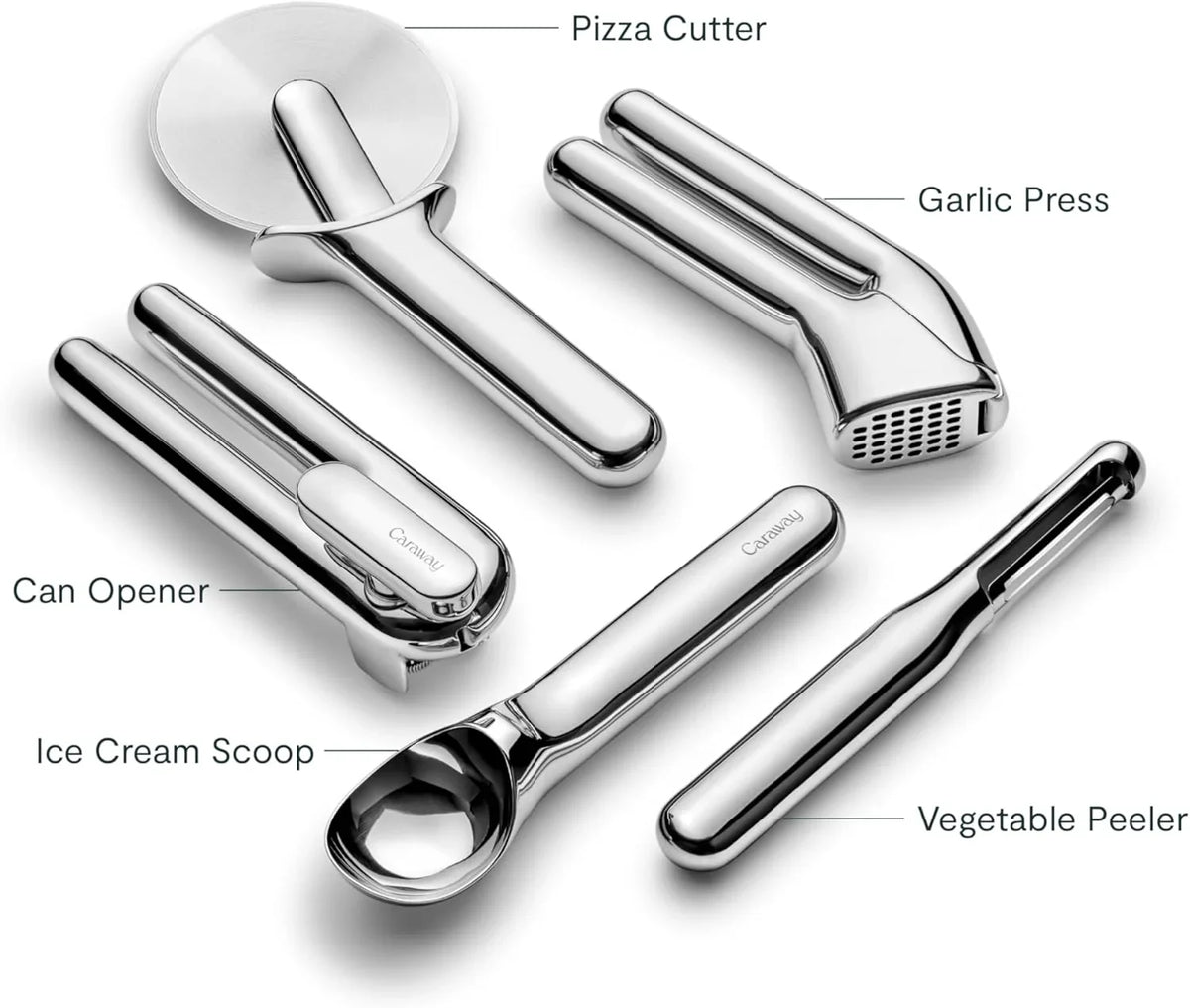 Kitchen Tool Set - Five-piece essential kitchen items - Made of stainless steel - Includes can opener, pizza cutter, garlic press, ice cream scoop, vegetable peeler and storage organizer box