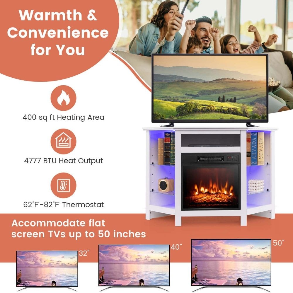 Fireplace TV Stand with LED Lights, White