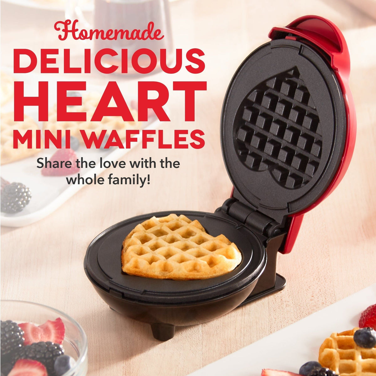 Dash Heart Compact Mini, Non-Stick Waffle Maker, Red