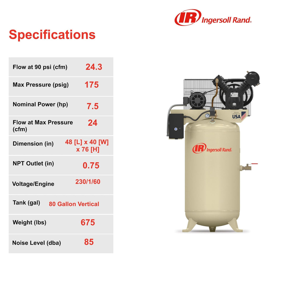 80-Gallon Vertical Air Compressor, 175 PSI, 7.5 HP