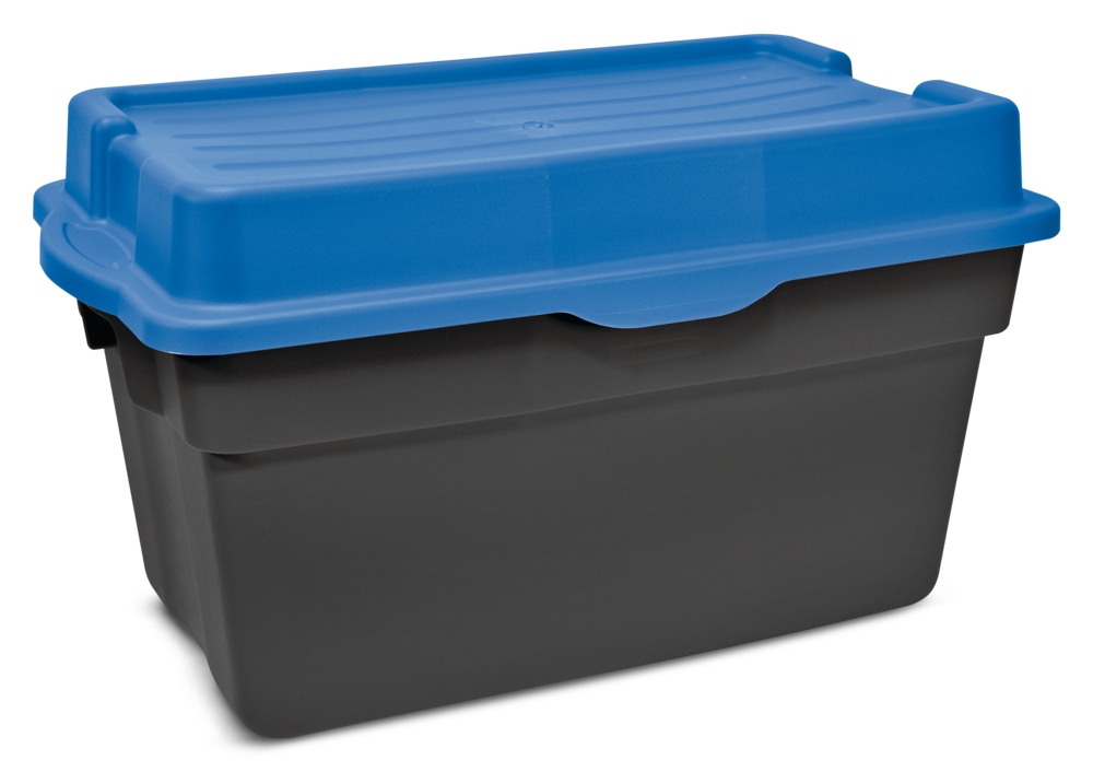 Heavy Duty Stackable Storage Box with Hinged Lid, 132-L, Black/Blue