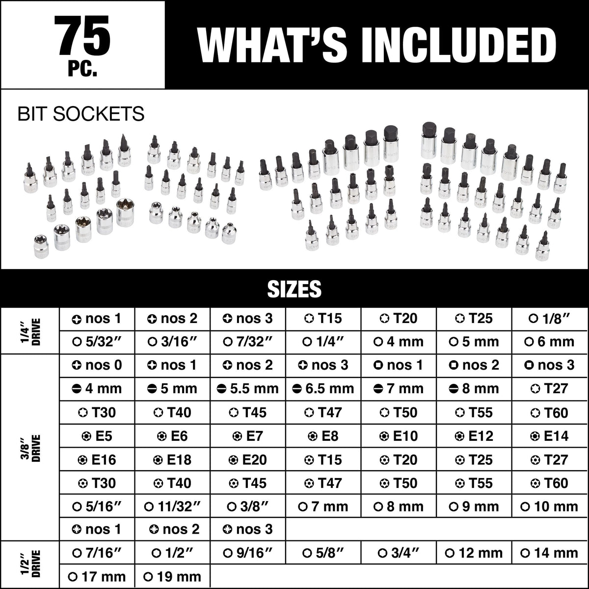 MAXIMUM Professional Grade Bit Socket Set, 75-pc