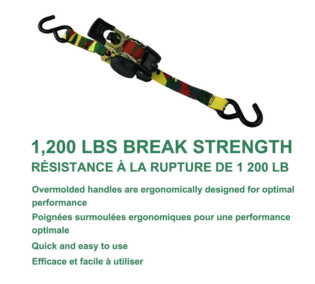 1,200-lb Retractable Camo Ratchet Tie Down Straps, 1-in x 10-ft, 2-pk