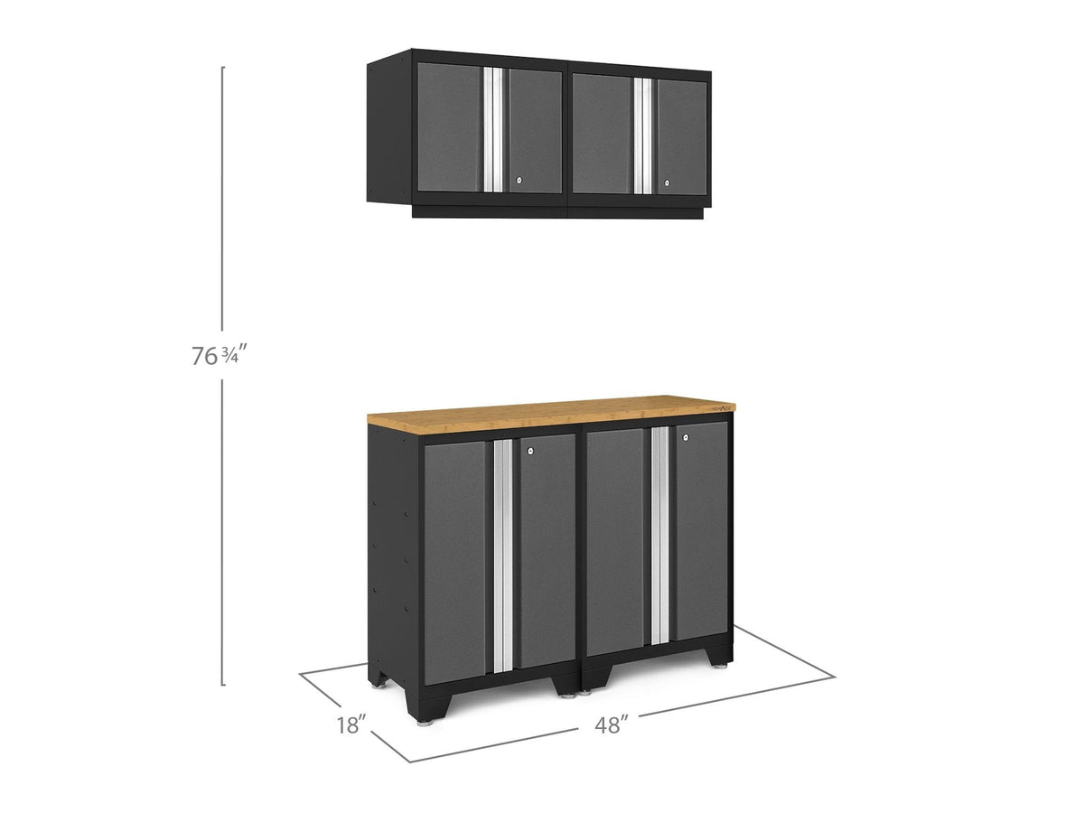 Bold Series Lockable 24-Gauge Steel Garage Cabinetry Set with Bamboo Top, Black/Grey, 48-in x 18-in x 76.75-in, 5-pc