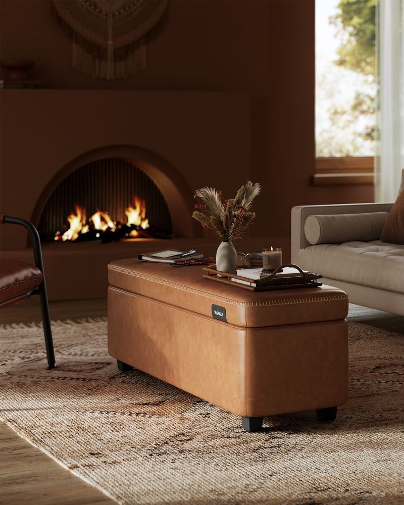 Home Mid-Century Modern Brown Storage Ottoman