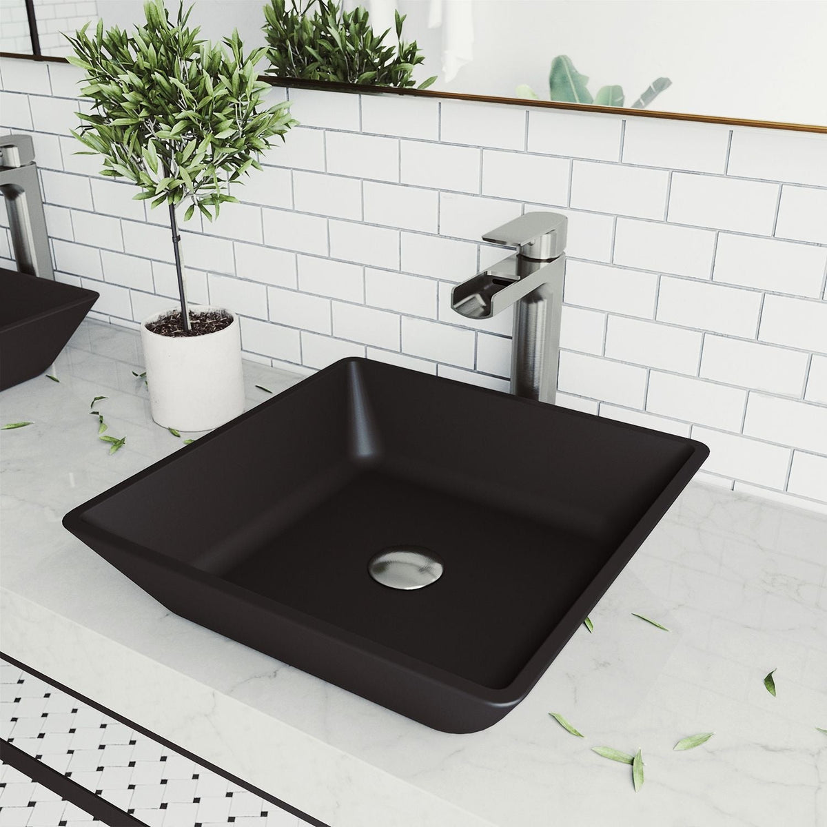 Roma Glass Square Vessel Bathroom Sink/Basin with Rounded Edges & Deep Bowl, Black