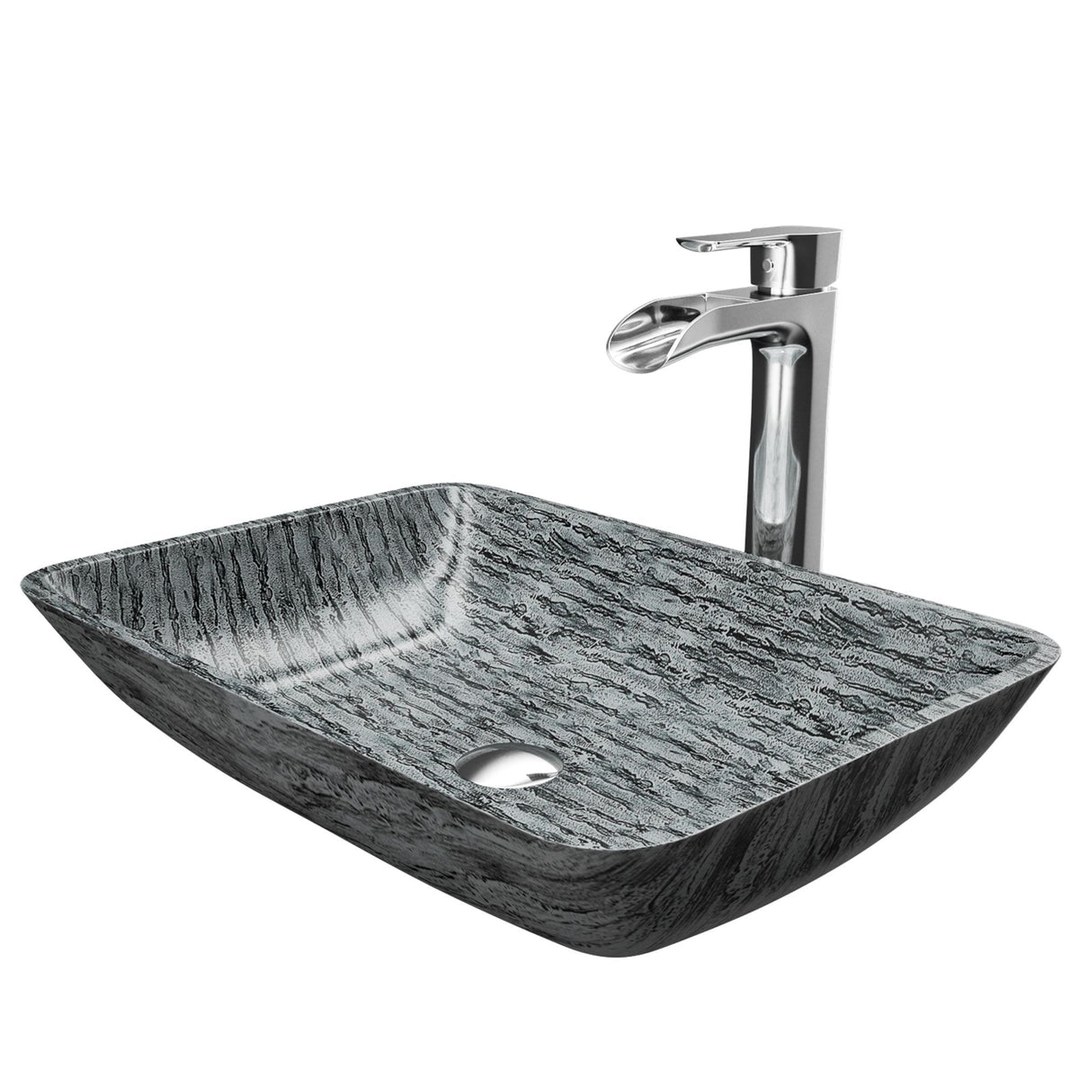 Titanium Glass Slate Grey Bathroom Sink/Basin Set with Niko Faucet and Rectangular Vessel