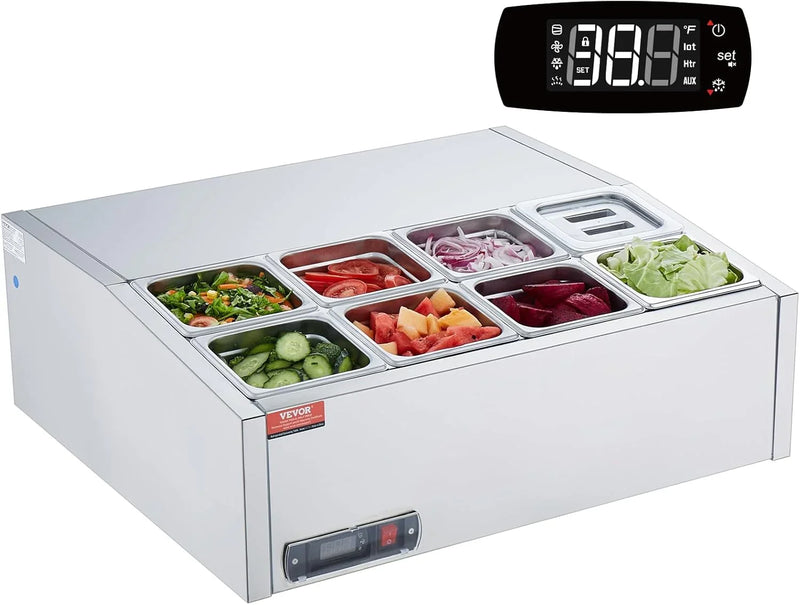 Refrigerated Condiment Prep Station, 135 W Countertop Refrigerated Condiment Station, with 2 1/3 Pans & 4 1/6 Pans, 304 Stainless Body and PC Lid, Sandwich Prep Table with Stainless Guard, ETL W5604