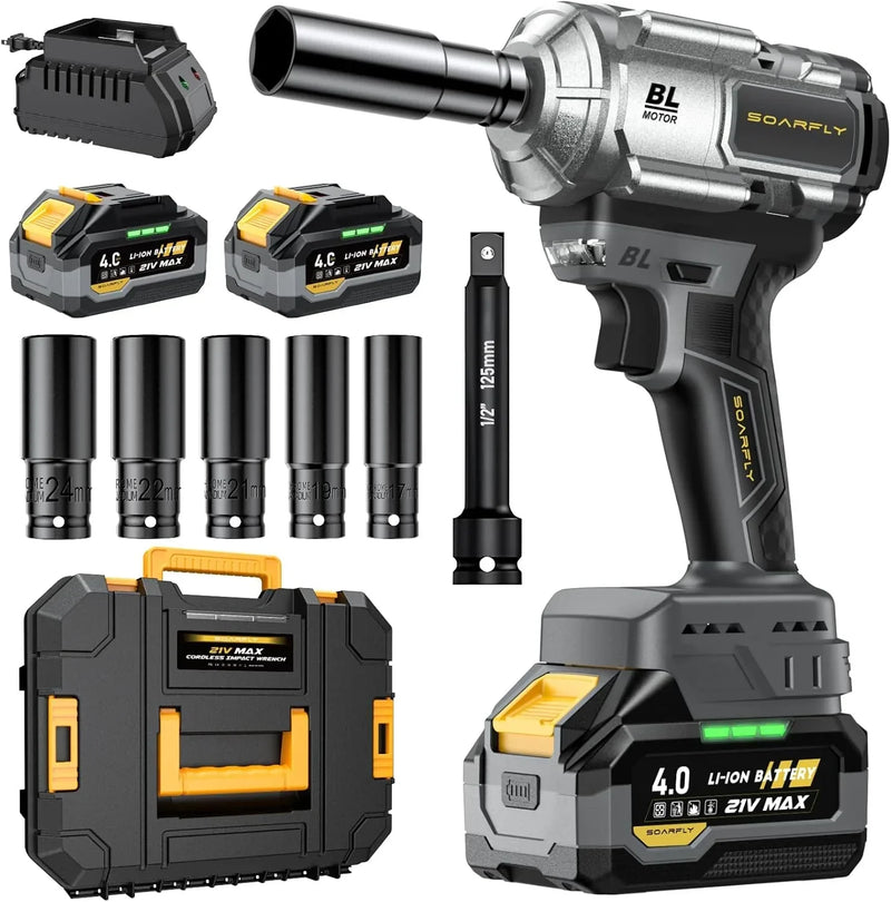 Cordless Impact Wrench, 1200Nm(900ft-lbs) High Torque 1/2'' Impact Wrench, 21V Brushless Electric Impact Gun with 2Pcs 4.0Ah Batteries, 1 Hour Fast Charger, 5 Sockets, Power Impact Driver for Car Home V2530