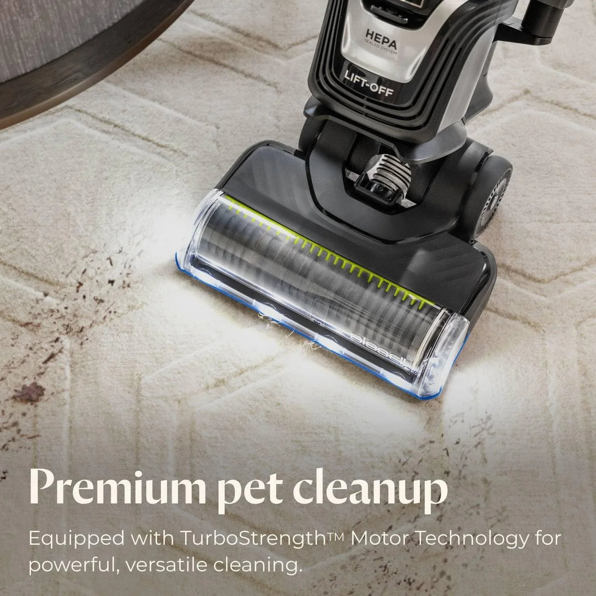 Pet hair remover vacuum cleaner, equipped with an automatic cleaning brush wheel, HEPA filter device, a powerful pet hair collection function with a turbo brush rotating tool, as well as a dust removal brush with lighting and a gap cleaning tool.