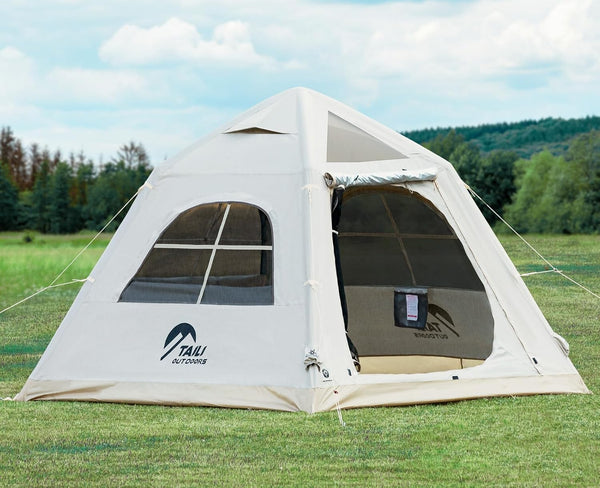 Portable inflatable camping tent, equipped with a manual pump, suitable for 3/4/6 people, easy to set up, suitable for outdoor activities. This inflatable outdoor waterproof Oxford canvas tent is suitable for family camping and is suitable for adults E777