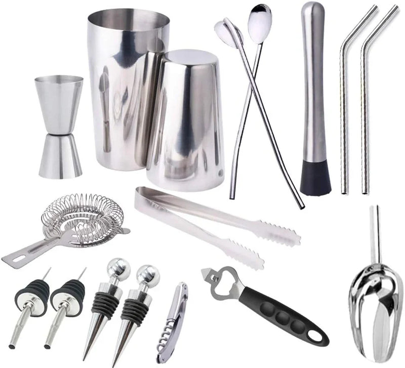 17pc Stainless Steel Cocktail Shaker Set Ice Strainer Clip Mixing Spoon Measure Cup Bar Tools Cocktail Set Can Opener Ice Shovel V2301