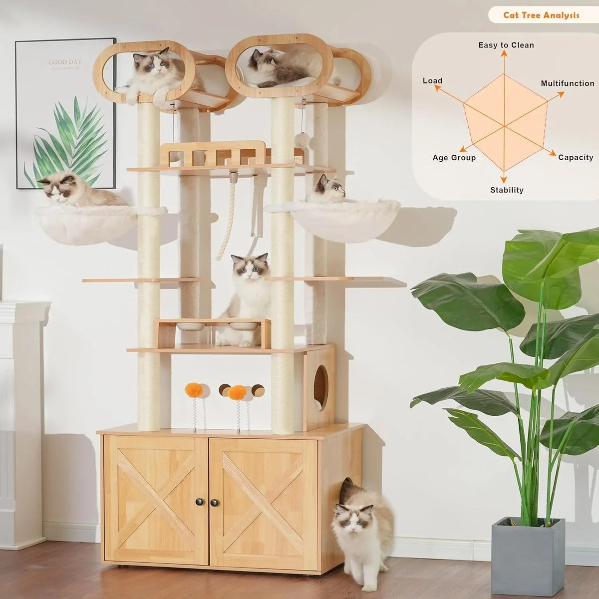 The Habori cat climbing frame with cat litter box storage box, a 76.8-inch wooden Menicos cat tower, equipped with a feeding station and a large platform, modern-style large cat apartment furniture, with a climbing column made of full Nisaal material