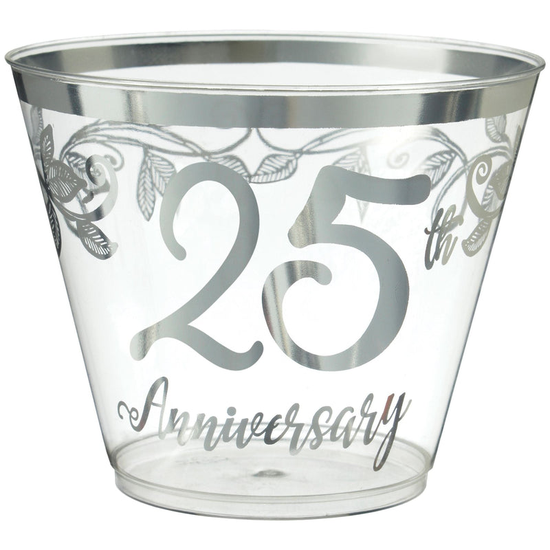 "25th Anniversary" Bordered Trimmed Plastic Reusable Tumbler Cups, Clear/Silver, 9-oz, 30-pk, for Anniversary Party A4894