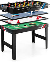 The multi-functional game table integrates a football table, a billiards table, an air curling table and a table tennis table. It is an ideal combination game table for a family game room.
