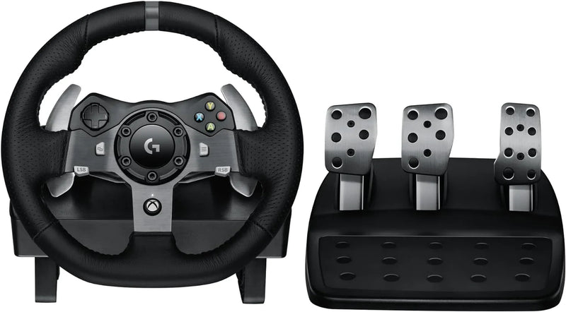 Drive Force racing car steering wheel and pedals, real force feedback function, stainless steel shift paddles, leather steering wheel cover suitable for Xbox Series X|S, Xbox One, PC and Mac - Black D3108