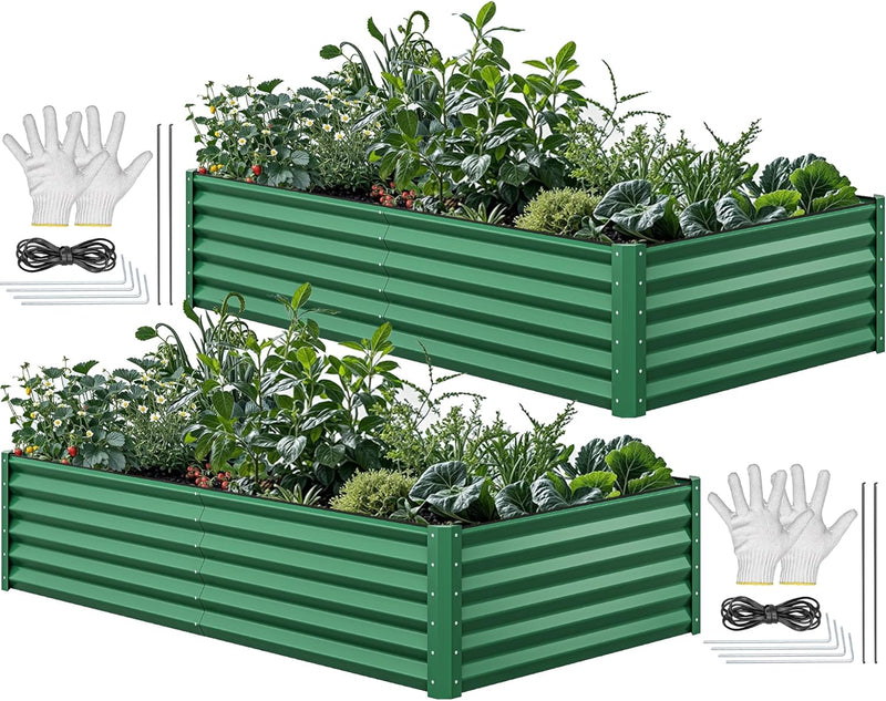 8x4x2ft 2pcs Large Raised Garden Bed Kit, Galvanized Metal Planter Box with Gloves, Ground Nails & Safety Rubber, Outdoor Above Ground Planters for Plants Vegetables Flowers, Green P3258