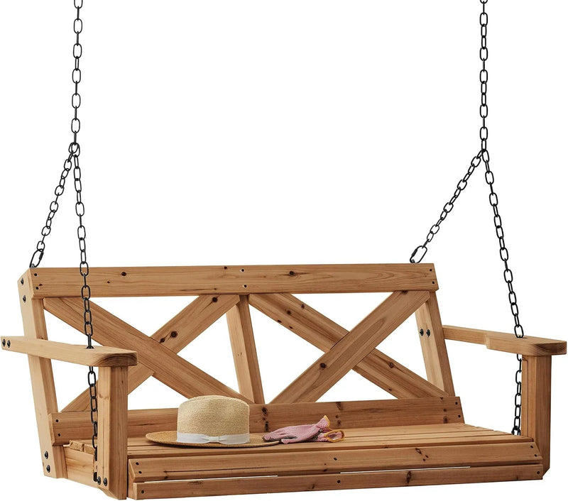 55" Cedar Wood Farmhouse Outdoor Porch Swing Bench with Two-Person Seating, Durable Hanging Chains, Water-Resistant, Heavy-Duty 600 Lbs Weight Capacity for Patio, Deck, Garden C2834