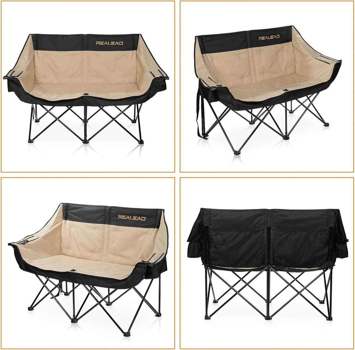 Double camping chair - Large-sized adult camping couple seat cushion suitable for two people. 650 pounds load-bearing capacity - Heavy-duty foldable camping chair, equipped with a cooling bag, suitable for outdoor activities and beach use.