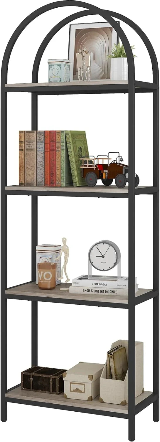 Yusong Bookshelf Rattan Arched Bookcase, 74" Tall Industrial Open Book Shelves Room, Modern Freestanding Boho 5 Tier Display Storage Rack with Metal Frame, Office, Bedroom, Burlywood J2446