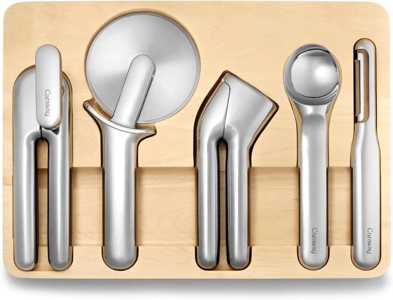 Kitchen Tool Set - Five-piece essential kitchen items - Made of stainless steel - Includes can opener, pizza cutter, garlic press, ice cream scoop, vegetable peeler and storage organizer box D6630
