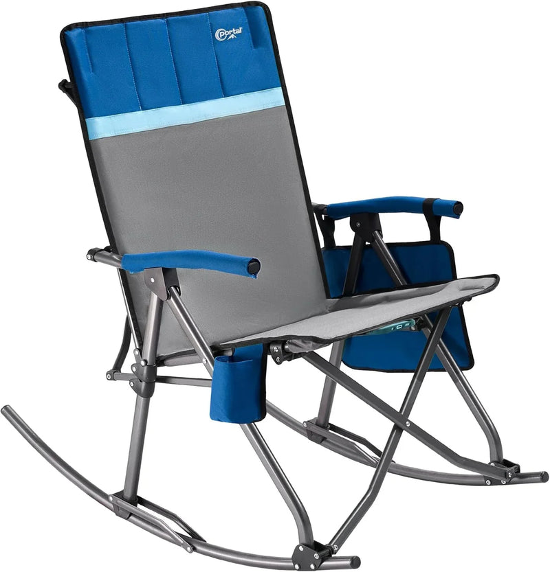 Large-sized foldable rocking chair-style camping chair. Portable outdoor rocking chair, equipped with a high back and sturdy armrests. The carrying bag can bear a weight of 300 pounds. The back of the seat has padding. The color is blue. L9813