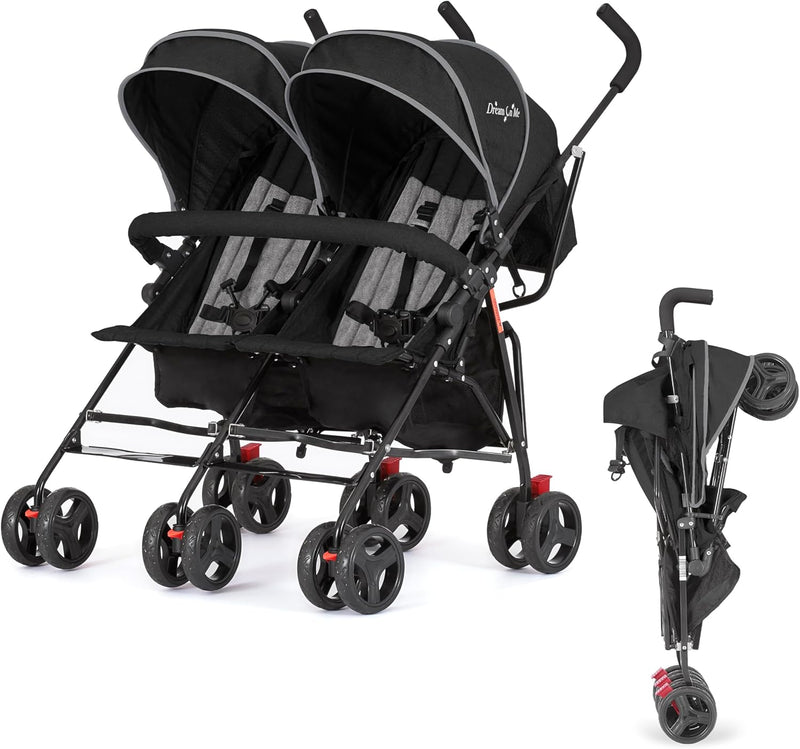 Twin Umbrella Stroller in Black, Lightweight Double Stroller for Infant & Toddler, Compact Easy Fold, Large Storage Basket, Large and Adjustable Canopy A2767