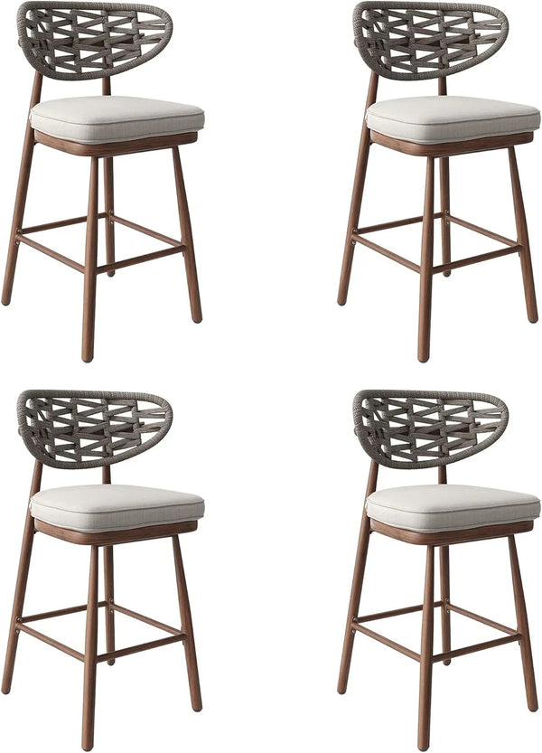 Outdoor Bar Stools Set of 2,Rattan Barstools Woven,29'' Bar Height Stools with Backrest and Teak Leg,Aluminum Bar Chairs Boho Bar Stool with Cushions,Tall Barstool for Patio,Teak D6614