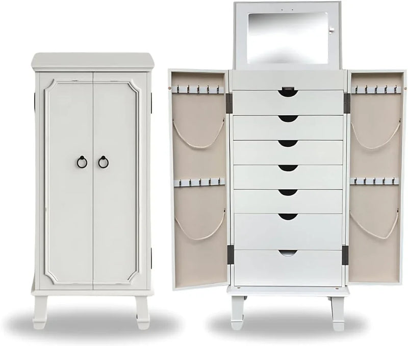 Hives and Honey Cabby Standing Jewelry Armoire – Fully Locking Wood Jewelry Storage with Mirror, 7 Drawers, Necklace Hooks, and Anti-Tarnish Lining — Turquoise S8452