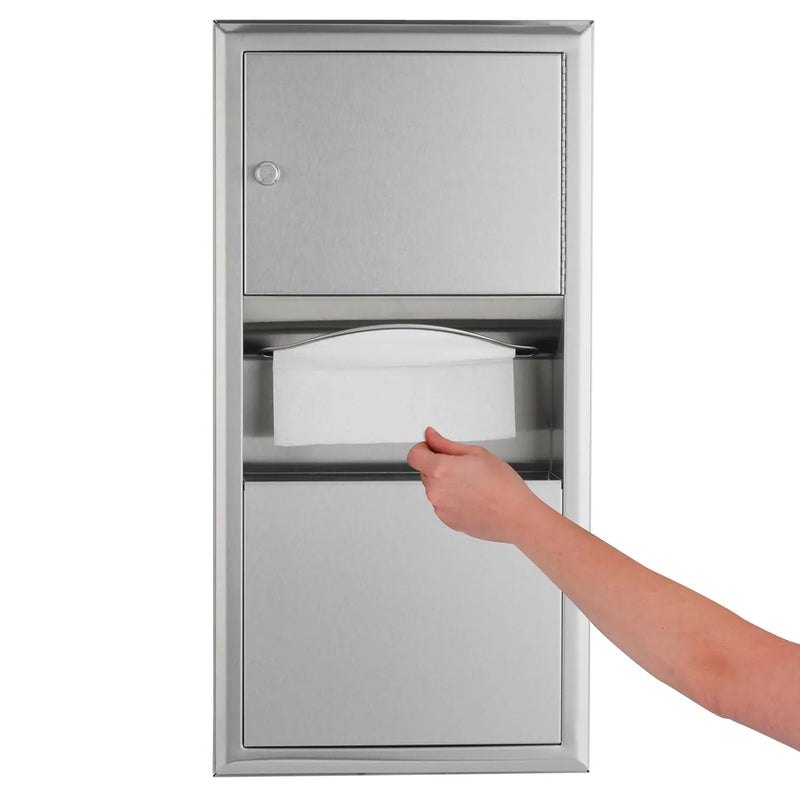 Wall-mounted tissue dispenser and waste paper storage box. Mirror-polished stainless steel material. 2-gallon capacity. Can hold 350 single-layer or 475 multi-layer tissues. Easy to install. Suitable for commercial bathrooms. D8626