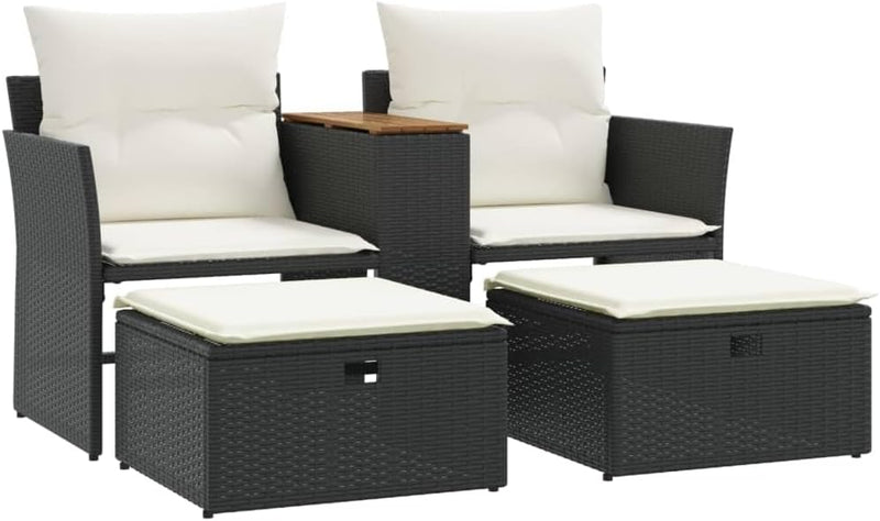 Multi-functional balcony sofa (for two people, with sunshade) - Black polyester wicker double-seat sofa, with built-in table, stool and washable cushion F4039