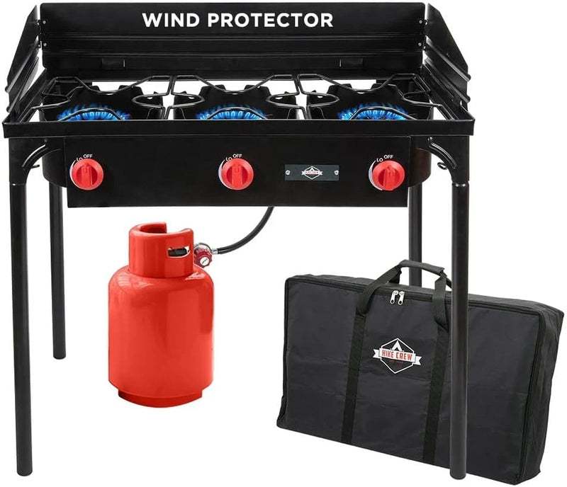 Dual-burner outdoor gas stove | 150,000 British thermal units portable propane stove, with blue flame control, detachable legs, temperature control knob, windproof panel, hose, regulator and storage box T73