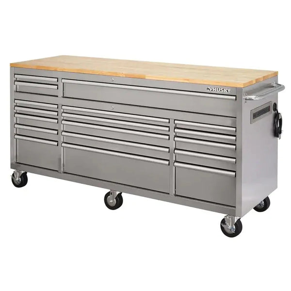 72 in 18-Drawer 24 in. D Mobile Workbench with Solid Wood Top Stainless Steel F6950