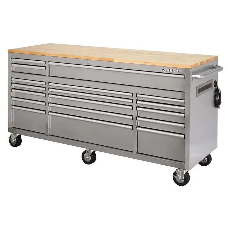 72 in 18-Drawer 24 in. D Mobile Workbench with Solid Wood Top Stainless Steel F6950