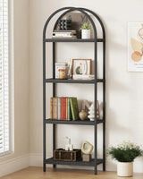 Yusong Bookshelf Rattan Arched Bookcase, 74" Tall Industrial Open Book Shelves Room, Modern Freestanding Boho 5 Tier Display Storage Rack with Metal Frame, Office, Bedroom, Burlywood