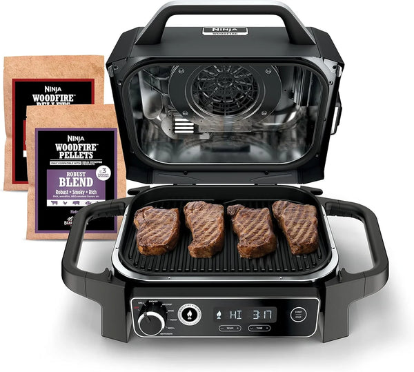The wood-fire professional outdoor grill is equipped with an internal thermometer. It is a 7-in-one multi-functional grill, a barbecue smoker, an outdoor air fryer, featuring baking, roasting, dehydrating and grilling functions. It adopts the wood-fi T294