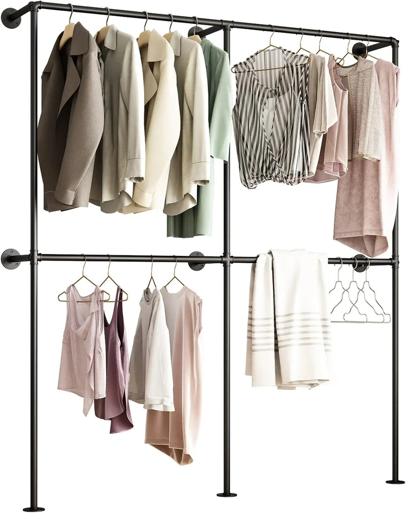Industrial-style wall-mounted pipe clothes hanger, wall-mounted clothes hanger with double hanging rods, for closet storage (gold) Y8164