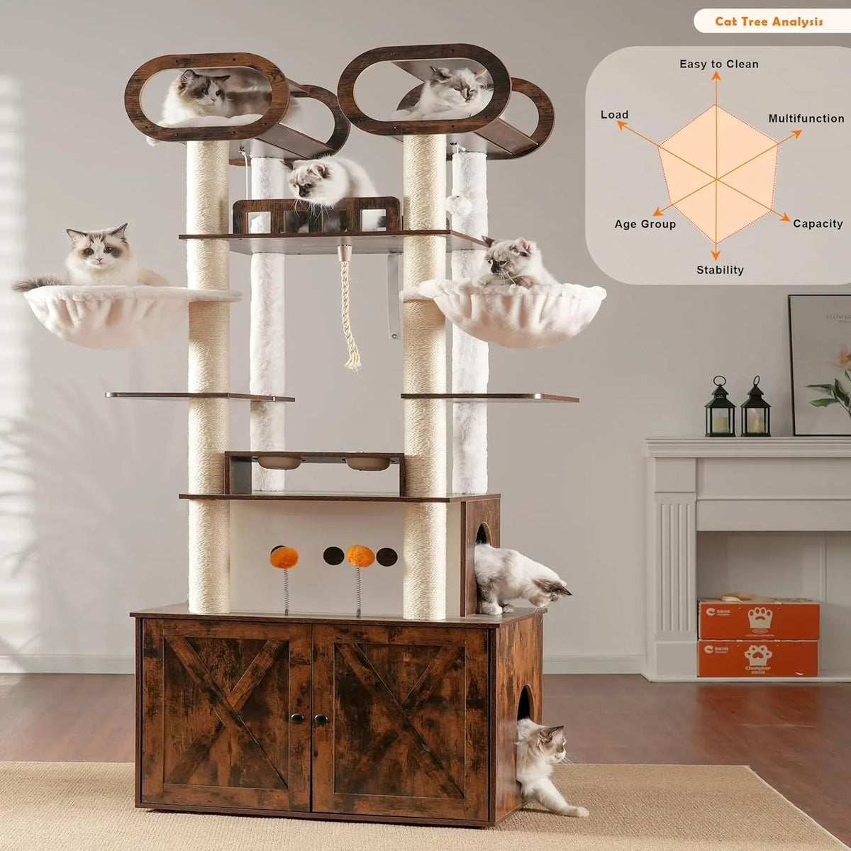 The Habori cat climbing frame with cat litter box storage box, a 76.8-inch wooden Menicos cat tower, equipped with a feeding station and a large platform, modern-style large cat apartment furniture, with a climbing column made of full Nisaal material