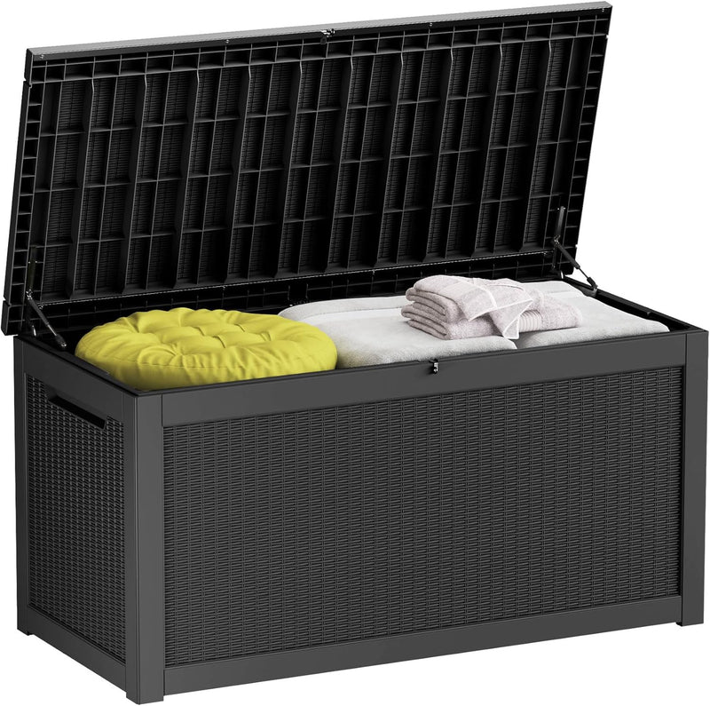 260-gallon large outdoor storage XL outdoor box, suitable for garden furniture, outdoor cushions, garden tools, sports equipment and pool supplies. Made of waterproof resin material, lockable, in gray color scheme. O1051