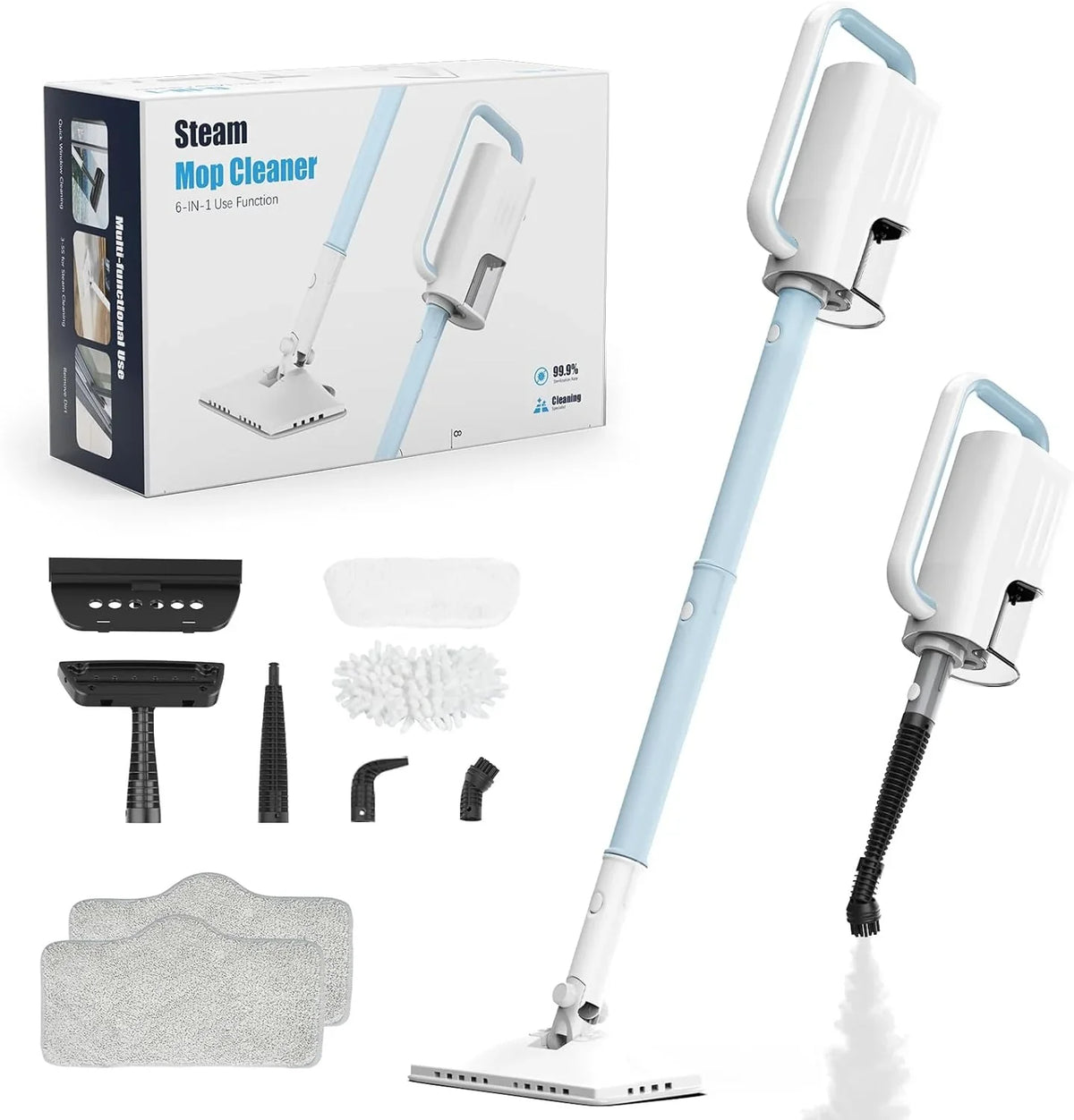 Steam Cleaner, 6 in1 Rotated Steam Mop Cleaner with 2 Modes, 2 Microfiber Pads, 400ML Removable Tank, 23FT Power Cable, Detachable Steam Mops for Floor, Laminate Floor, Tiles Cleaning (Light Blue)