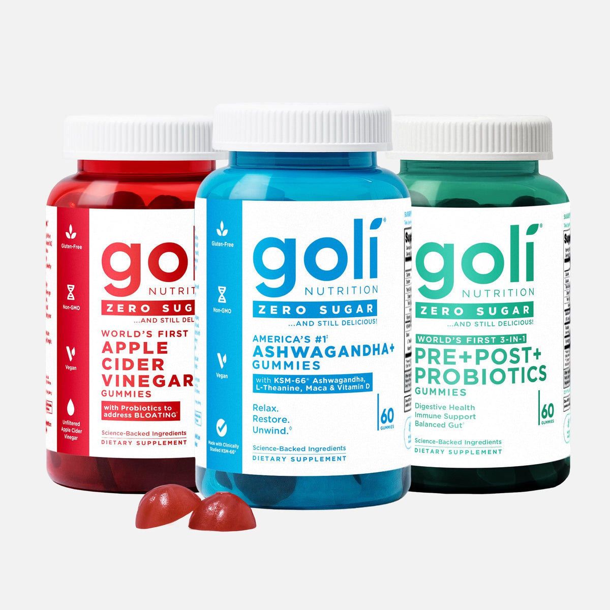 Goli C-GRZS1GBZS1GDGZS1 Zero Sugar Essentials 3-Pack — SNZ Tribac Probiotic, Vitamin B12