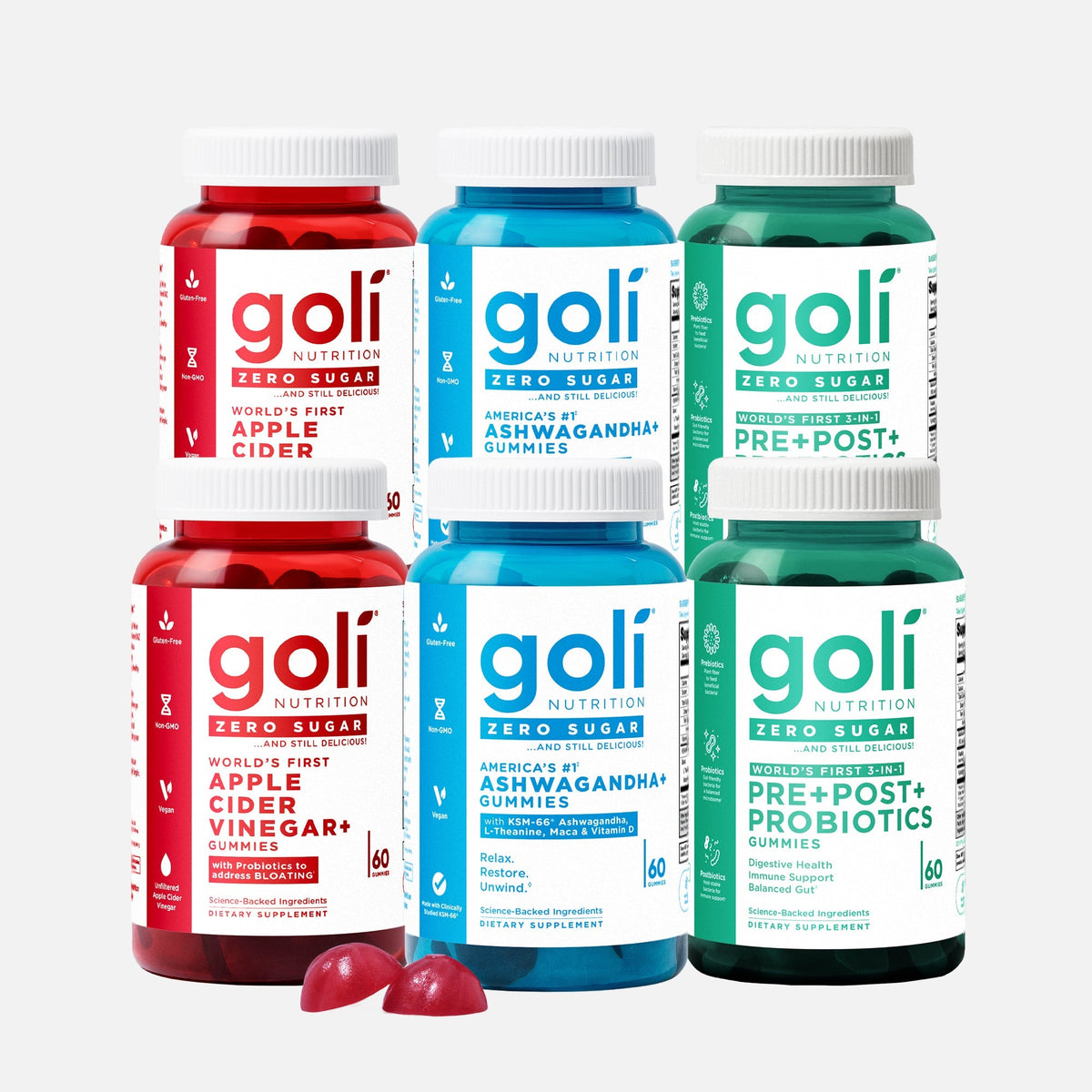 Goli Zero Sugar Essentials 6 Pack — ACV & Ashwa Gummies with KSM-66 (C-GRZS2GBZS2GDGZS2)