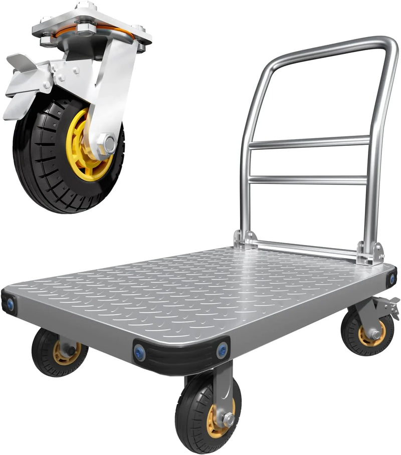 Heavy Duty Platform Truck Flat Moving Cart Hand Trucks,2000Lbs Steel Push Cart Dolly with Brake Design, 36 x 24in Large Flatbed with 5'' 360 Degree Swivel Wheels for Easy Storage S8989