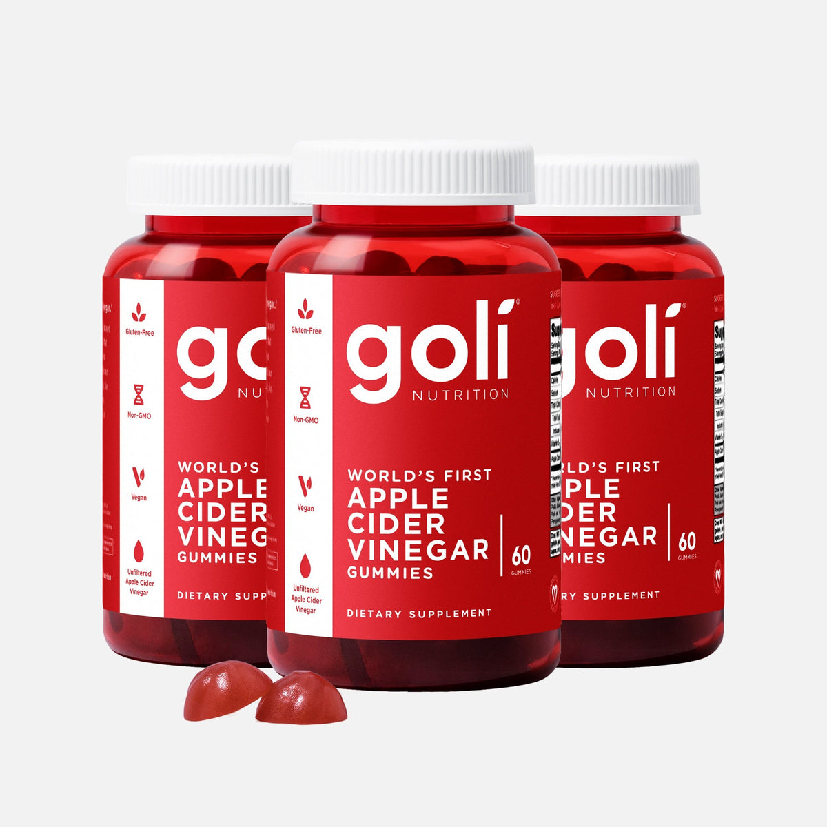 Goli 3 Bottles of Apple Cider Vinegar Gummies — Vegan, Gluten Free, Vitamins B9 & B12