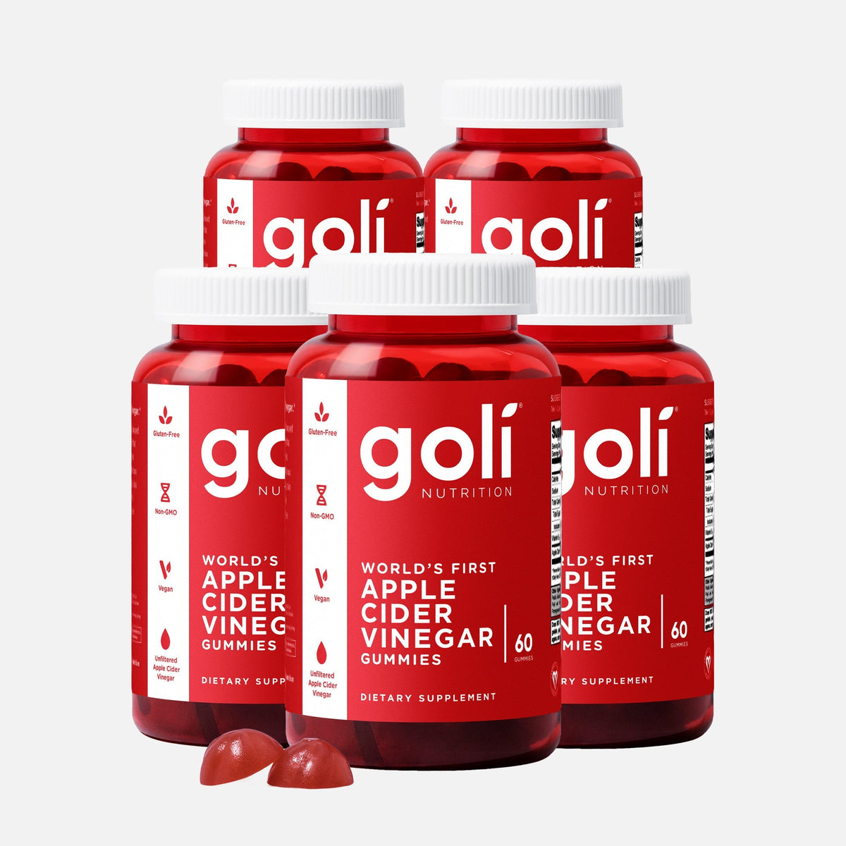 Goli 5 Bottles of Apple Cider Vinegar Gummies — Vegan, Gluten-Free, Vitamins B9 & B12