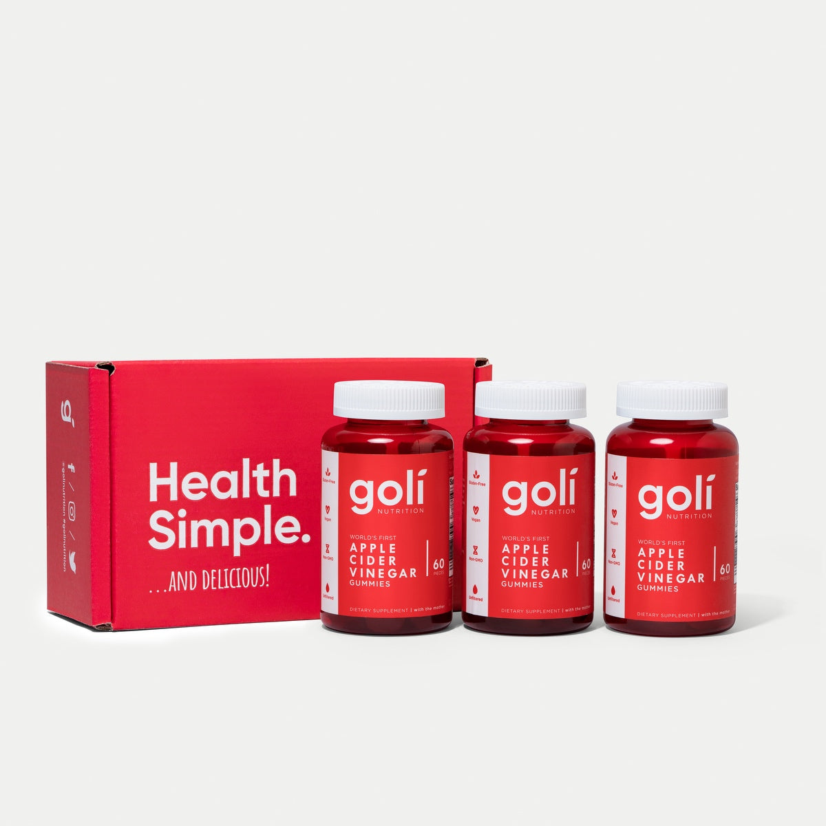 Goli 3 Jars of Apple Cider Vinegar Gummies, Loyalty Bonus — Vegan, Non-GMO, Vitamins B9 & B12