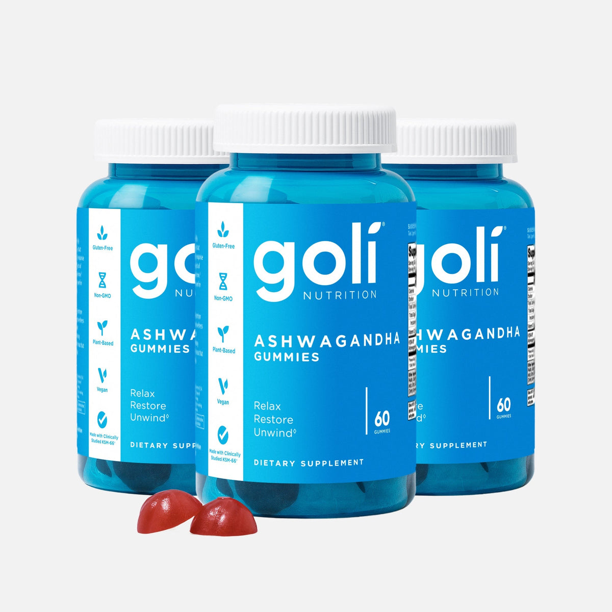 Goli 3 Jars of Ashwagandha Gummies — KSM-66 Root Extract With Vitamin D, Gelatin-Free
